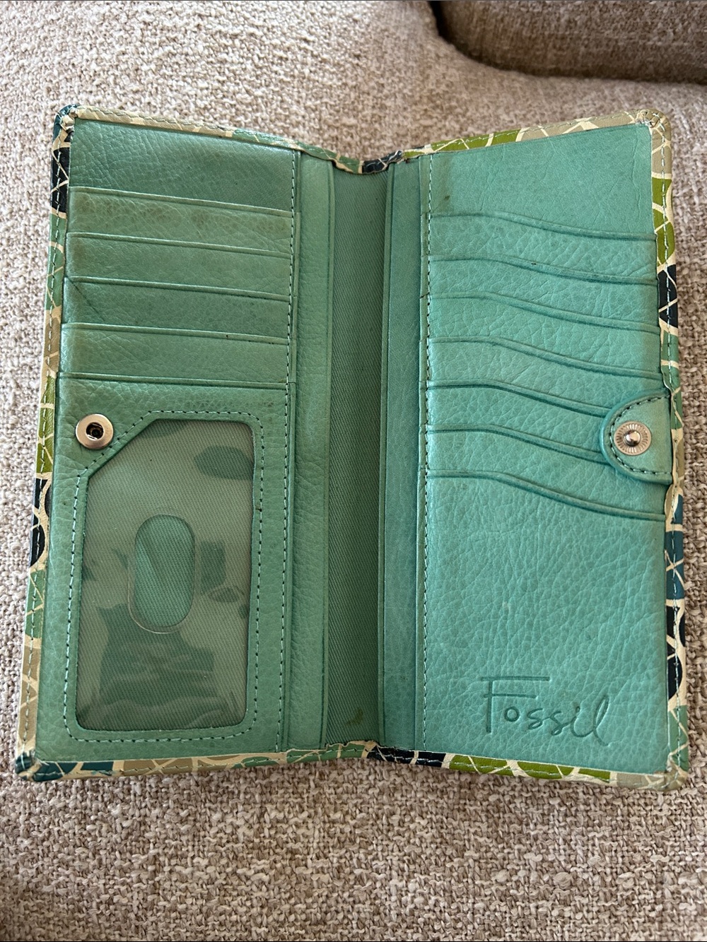 Vintage Fossil Teal Green Navy Circular-Pattern Wallet/Clutch - Picture 2 of 3